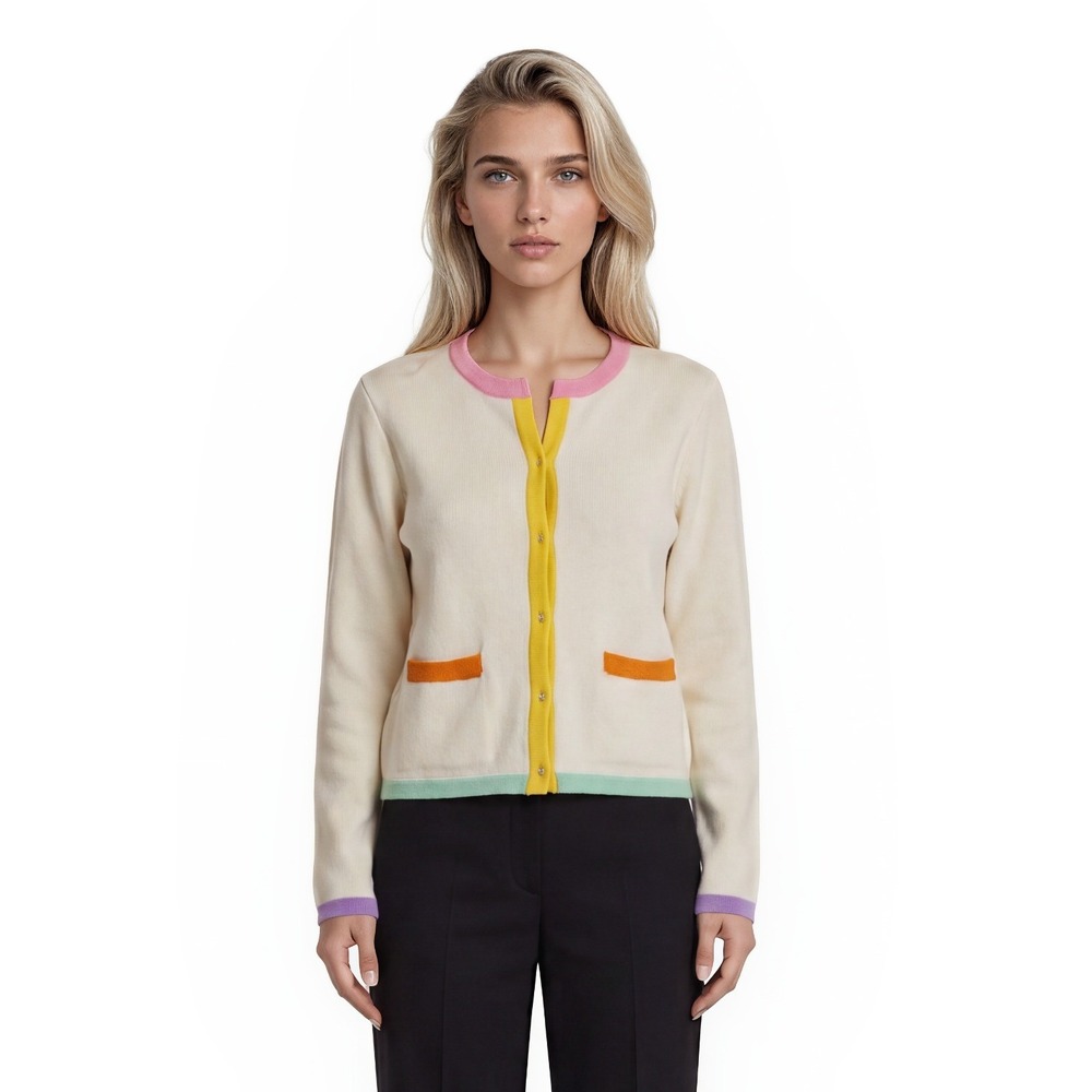 English Factory Cardigan Sweater Women's Size Medium Cream Multi Colorblock Open